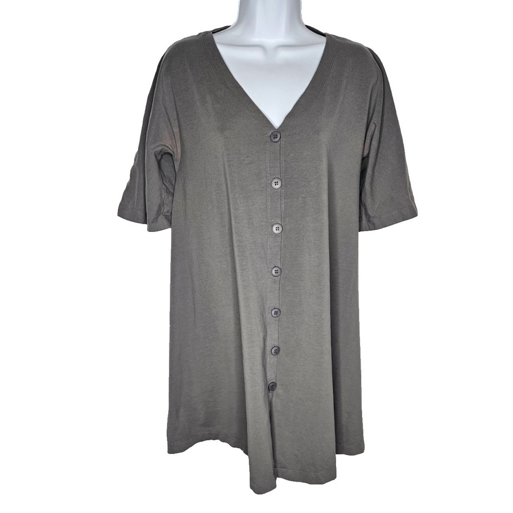 Grey Button Front Tunic Dress Womens Medium Stretch Casual Short Sleeve